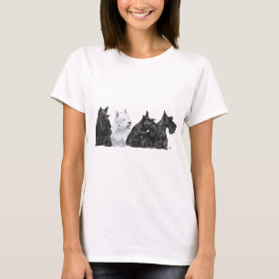 Drie nieuwsgierige Schotse terriërs en een West Hi T-shirt