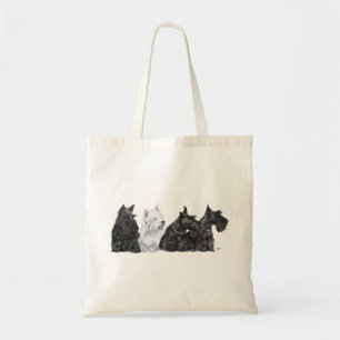 Drie nieuwsgierige Schotse terriërs en een West Hi Tote Bag