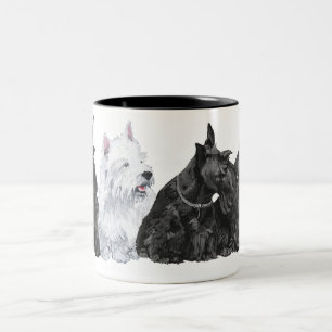 Drie nieuwsgierige Scotties en een Westie Tweekleurige Koffiemok
