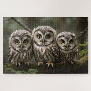 Drie Noordelijke Saw-Whet Owlets Uilenliefhebber Legpuzzel
