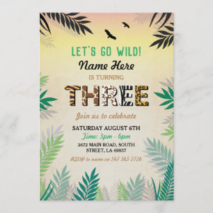 Drie Oerwoud 3e verjaardag Safari ZOO Invite Kaart