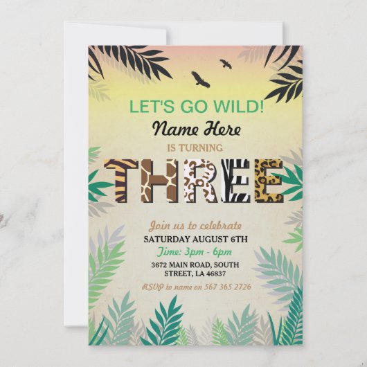 DRIE Oerwoud 3e verjaardag Safari ZOO Invite Kaart (Voorkant)