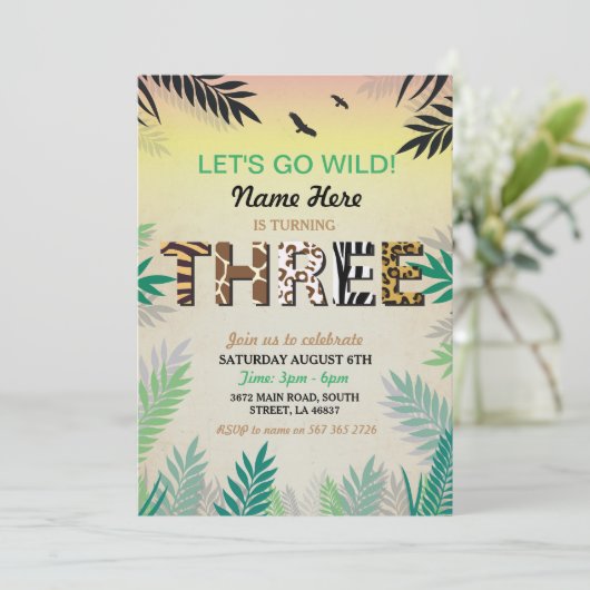 DRIE Oerwoud 3e verjaardag Safari ZOO Invite Kaart (Staand voorkant)