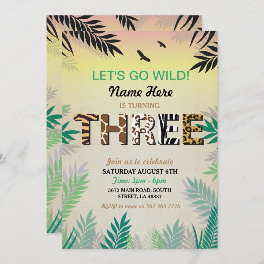 DRIE Oerwoud 3e verjaardag Safari ZOO Invite Kaart (Voorkant / Achterkant)