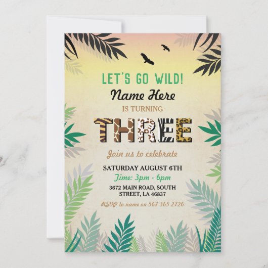 Drie Oerwoud 3e verjaardagsfeest Safari ZOO Uitnod Kaart (Voorkant)