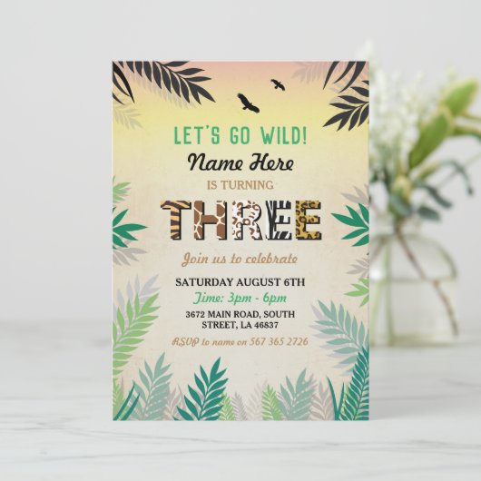 Drie Oerwoud 3e verjaardagsfeest Safari ZOO Uitnod Kaart (Staand voorkant)