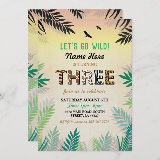 Drie Oerwoud 3e verjaardagsfeest Safari ZOO Uitnod Kaart (Voorkant / Achterkant)