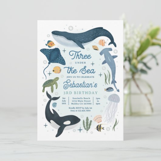 Drie onder de zee walvis haai zeeleven verjaardag  kaart (Staand voorkant)