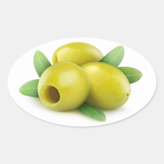 Drie ontpitte groene olijven ovale sticker (Voorkant)