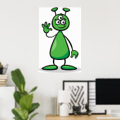 Drie-Oogige Groene Buitenaardse Marsiaanse Cartoon Poster (Thuiskantoor)
