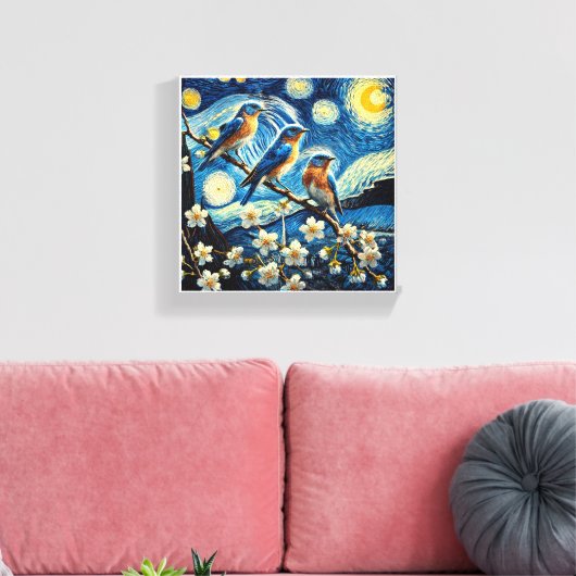 Drie Oosterse Blauwvogels Van Gogh Art Canvas Afdruk (Insitu (Woonkamer))