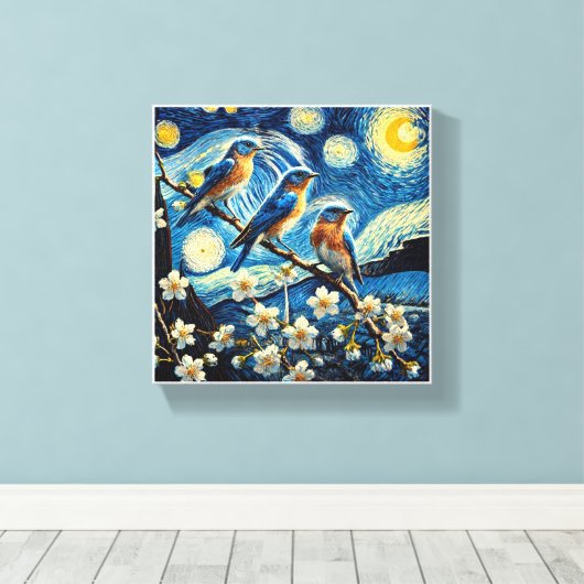 Drie Oosterse Blauwvogels Van Gogh Art Canvas Afdruk (Insitu (Houten vloer))