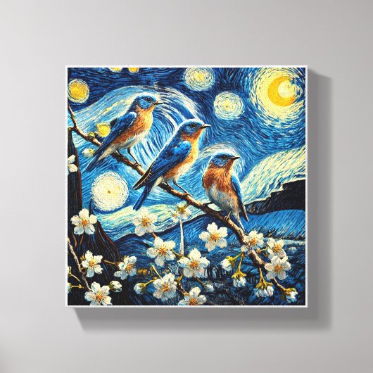 Drie Oosterse Blauwvogels Van Gogh Art Canvas Afdruk (Voorkant)