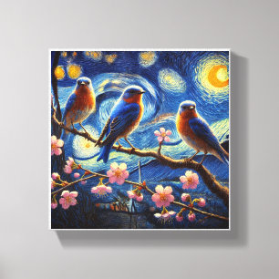 Drie Oosterse Blauwvogels Van Gogh Art Canvas Afdruk