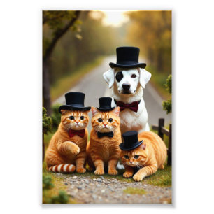 Drie oranje katten en een hond op de weg Studio -- Foto Afdruk