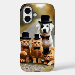 Drie oranje katten en een hond op de wegstudio iPhone 16 hoesje