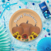 Drie Oranje pompoen met zonnebloemen Halloween Papieren Bordje (Feest)