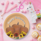 Drie Oranje pompoen met zonnebloemen Halloween Papieren Bordje (Feest)