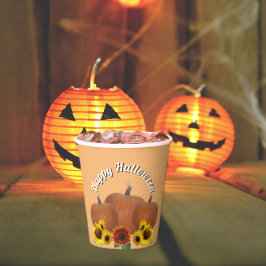 Drie Oranje pompoenen en zonnebloemen Halloween Papieren Bekers