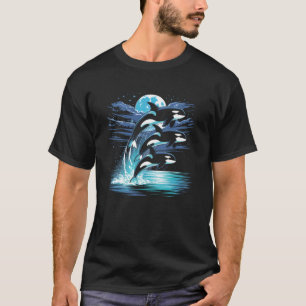 Drie Orka's Maan Retro Oceaan Natuur Zeedier T-shirt