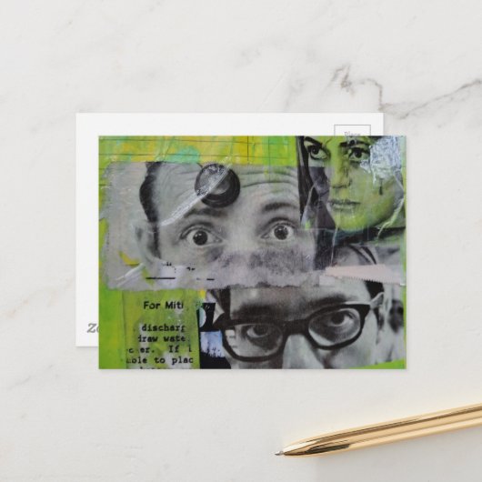 Drie paar ogen die kijken Mixed Media Collage Briefkaart (Voorkant / Achterkant in situ)