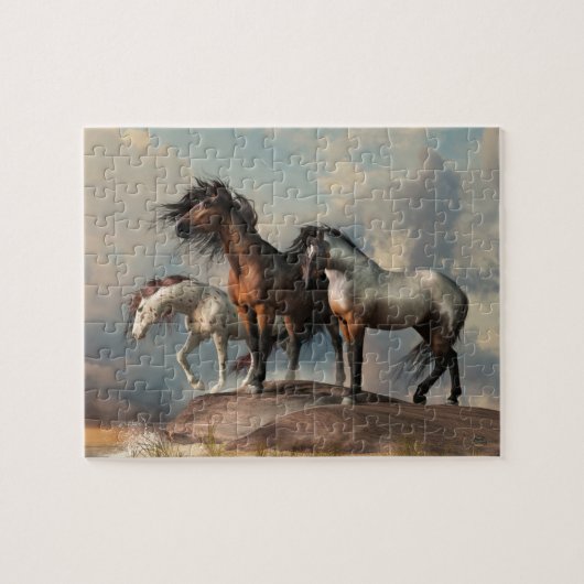 Drie paarden aan de strand legpuzzel (Horizontaal)