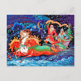 Drie paarden chariot brengt nieuwjaar en kerstman briefkaart