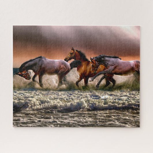 Drie paarden die in de oceaan ronddraaien legpuzzel (Horizontaal)
