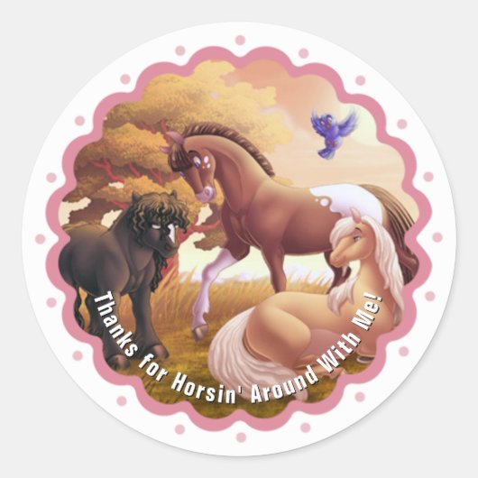 Drie paarden in een grap ronde sticker (Voorkant)