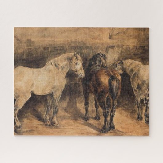 Drie paarden in hun stal (Théodore Géricault) Legpuzzel (Horizontaal)