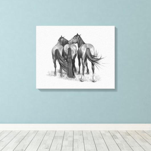 Drie Paarden in Potlood, Paardenkunst Canvas Afdruk (Insitu (Houten vloer))