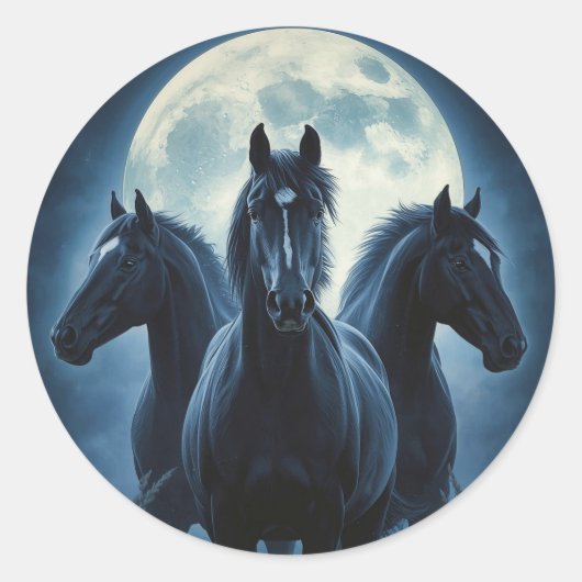 Drie Paarden Maan Ronde Sticker (Voorkant)
