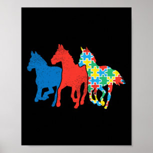 Drie Paarden Puzzel Rood Blauw Autisme Bewustzijn Poster