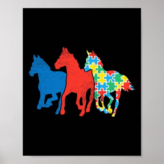 Drie Paarden Puzzel Rood Blauw Autisme Bewustzijn Poster (Voorkant)