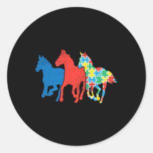 Drie Paarden Puzzel Rood Blauw Autisme Bewustzijn Ronde Sticker