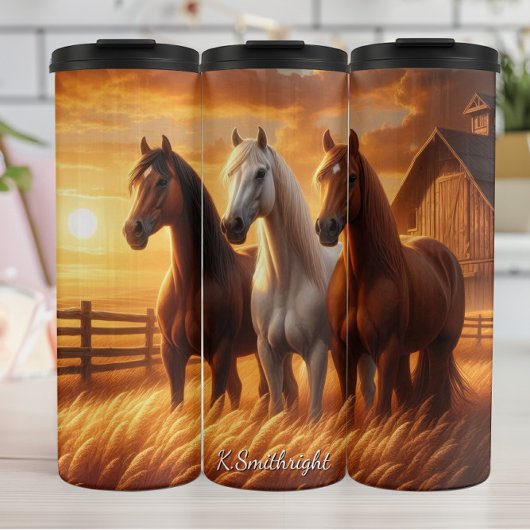 Drie Paarden Schuur Zonsondergang Veld Thermosbeker