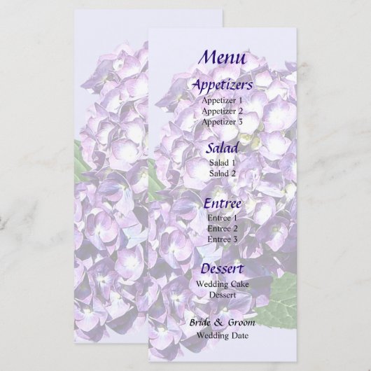 Drie Paarse hydrangea Clusters Wedding Menu (Voorkant / Achterkant)