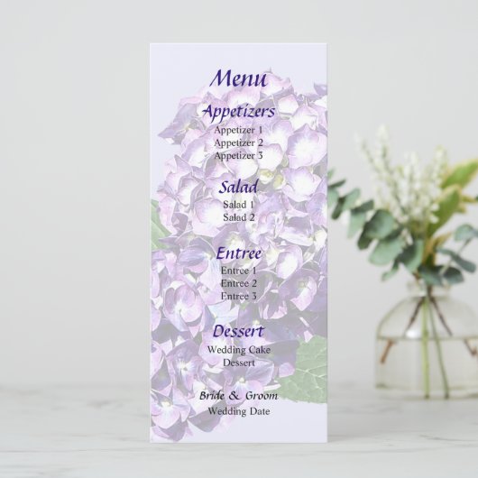 Drie Paarse hydrangea Clusters Wedding Menu (Staand voorkant)