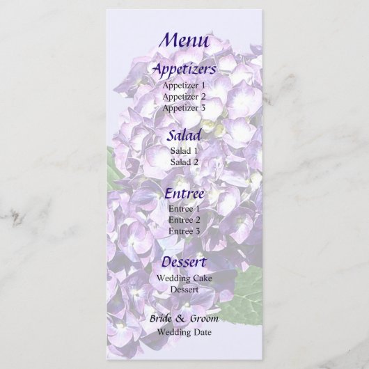 Drie Paarse hydrangea Clusters Wedding Menu (Voorkant)