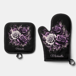 Drie Paarse Rozen Ovenwant & Pannenlap Set