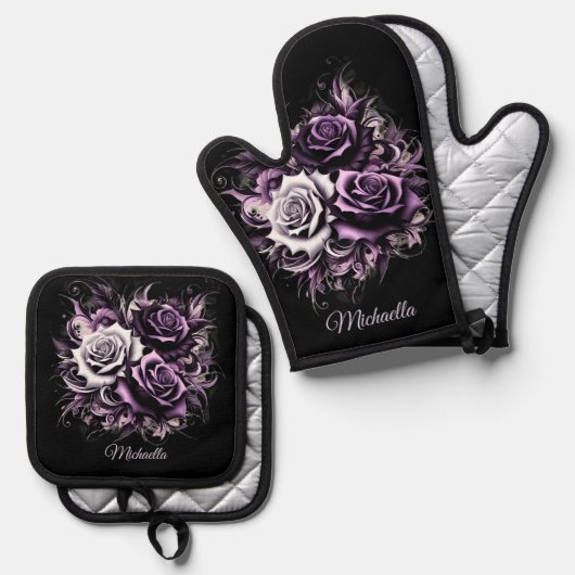 Drie Paarse Rozen Ovenwant & Pannenlap Set (Voorkant / Achterkant)