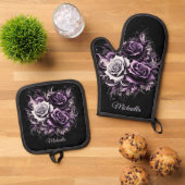 Drie Paarse Rozen Ovenwant & Pannenlap Set (Top down)