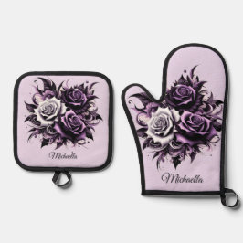 Drie Paarse Rozen Ovenwant & Pannenlap Set