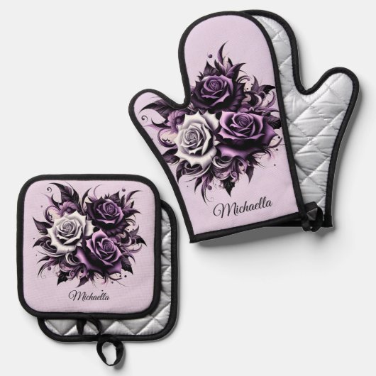Drie Paarse Rozen Ovenwant & Pannenlap Set (Voorkant / Achterkant)