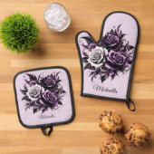 Drie Paarse Rozen Ovenwant & Pannenlap Set (Top down)