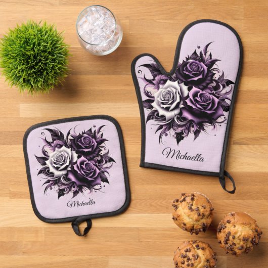 Drie Paarse Rozen Ovenwant & Pannenlap Set (Top down)