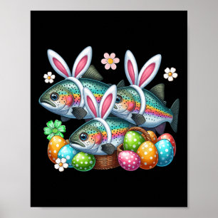 Drie Paashaas Forel Vissen Jacht Eieren Schets  Poster
