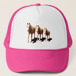 Drie palominopaarden, roze trucker pet