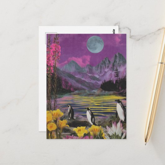 Drie Peguins Surreal Gemengde media Briefkaart (Voorkant / Achterkant in situ)