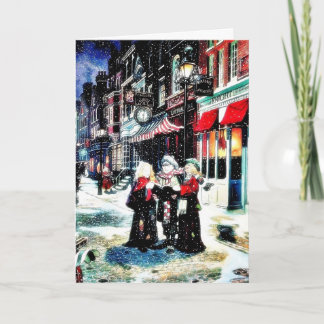 Drie personen die zich op een straat bevinden die feestdagen kaart